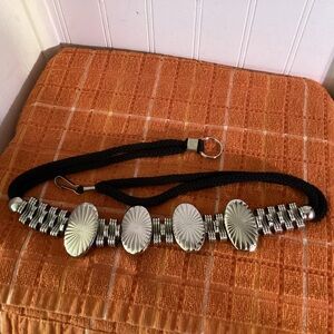 Black Cord Stainless Steel “Concho” Design Belt, 29 1/2”.  Hooks in the back.